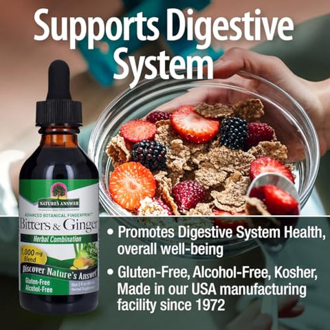 Nature's Answer - Nature’s Answer Bitters and Ginger 60ml – Sem Álcool, Sem Glúten, Suporte Digestivo – Swedish Bitters, Digestive Bitters, Extrato de Gengibre para Suporte Estomacal – Adequado para
