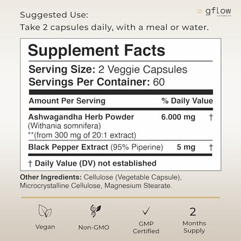gflow vitamins - Ashwagandha em Cápsulas em Pó Extra Forte 6000mg com Pimenta Preta | Suporte ao Humor, Foco, Energia | Vegano, Não-OGM, Fabricado nos EUA
