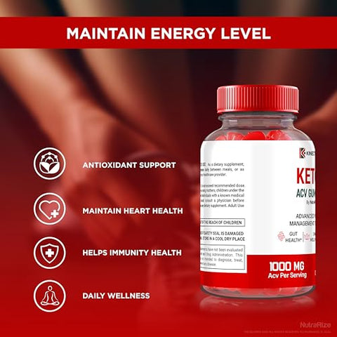 NutraRize - (3 Pacotes) Gomas Kinect Peak Keto ACV, Suplemento KinectPeak Keto ACV, Keto Natural com Vinagre de Maçã, Fórmula Premium 1000MG com Vitaminas, Oficial Gomitas