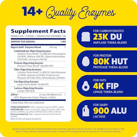 Digest Gold ATPro – Máxima Força, Ação Rápida, Auxilia na Digestão de Refeições Grandes, Previne Inchaço e Gases, 180 Comprimidos (FFP) - Enzymedica