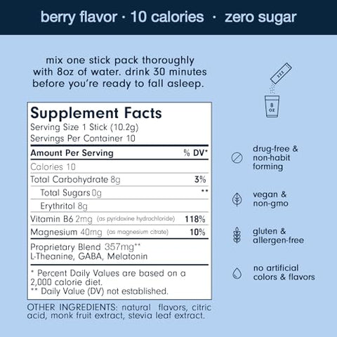 Bebida em Pó para um Sono Calmo, 3mg Melatonina, Magnésio, Vitamina B6, L-Teanina - Som Sleep