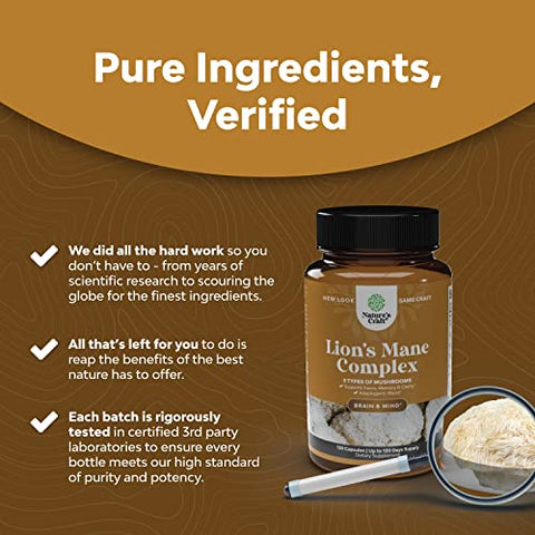 Natures Craft - Suplemento Avançado de Cogumelo do Leão – Cápsulas de Suplemento de Cogumelo do Leão com Complexo de 5X Corpo Frutífero de Cogumelo com Chaga Maitake Shiitake e Reishi – Impulsionador Cerebral Nootrópico