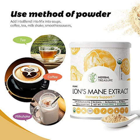 WL Herbal Treasure - Pó de Cogumelo do Leão Orgânico, Sem Transgênicos e Sem Glúten, Suporte à Memória, Concentração, Clareza, Criatividade e Humor – 50g