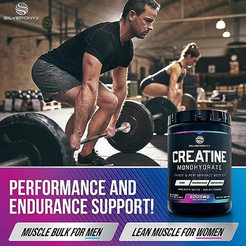 SILVERONYX - Creatina Monohidratada em Pó Micronizada 5000mg – Suplemento de Creatina Pura 100%, Creatina Monohidratada em Pó 5g, Suporte para Construção Muscular, Suplemento de Creatina Mono, Keto