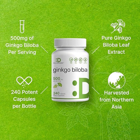 Ginkgo Biloba 500mg por Porção, 240 Cápsulas, 4 Meses de Fornecimento – Cultivado no Norte da Ásia – Extra Forte, Promove a Função Cerebral - DEAL SUPPLEMENT