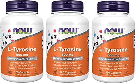 L-Tyrosine 500 mg 120 caps (Pack of 3) – Aumente sua energia e foco com L-Tyrosine 500 mg – Embalagem com 3 unidades - NOW Foods