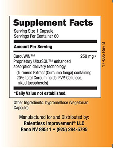Relentless Improvement - CurcuWin Curcumin 60 Cápsulas Suporte à Inflamação Absorção Relativa 46x Maior que Curcumina Padrão Sem Pimenta Preta