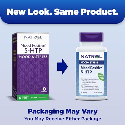 Mood Positive 5-HTP 50mg com L-Theanine, Vitamina B6, Vitamina B12 e Folate – Suplemento Alimentar para Apoiar um Humor Positivo – 50 Comprimidos, Fornecimento de 25-50 Dias - Natrol