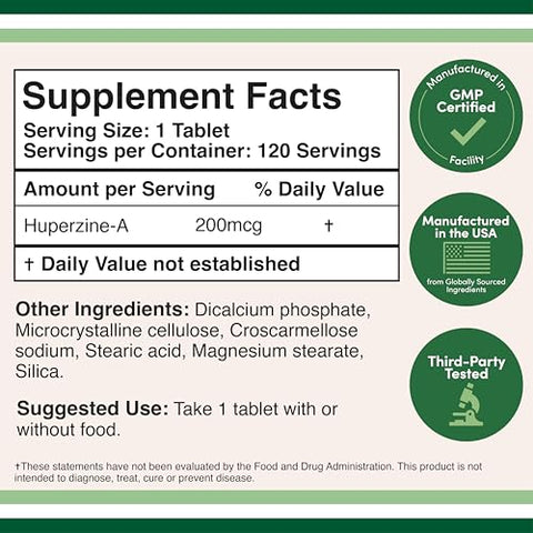 Double Wood Supplements - Huperzine A 200mcg (Testado por Terceiros) Não-OGM, Sem Glúten, 120 Comprimidos, Suplemento Cerebral para Promover a Acetilcolina (Inibidor da Acetilcolinesterase) – Suporta Memória e Foco