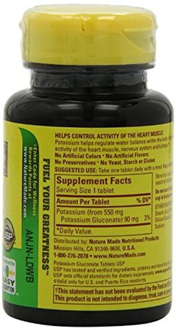 Potassium Gluconate 550mg – 100 Comprimidos (Pacote com 5) – Comprimidos de Potássio para uma Vida Saudável - Nature Made