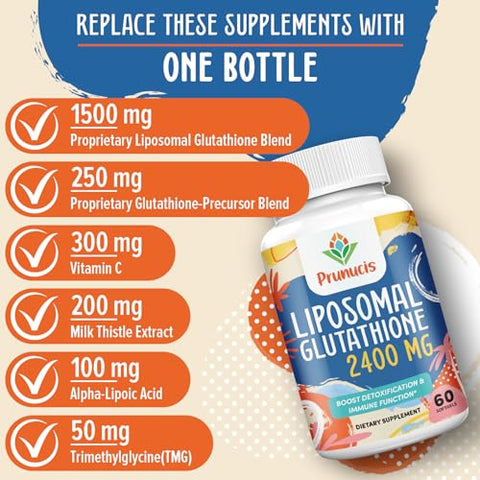 Prunucis - 2400MG Liposomal Glutationa, L-Glutathione Reduzida, Suplemento de Glutationa com Vitamina C, Antioxidantes Mestres, Absorção Aprimorada – Suplementos Antioxidantes Não GMO, Imunidade