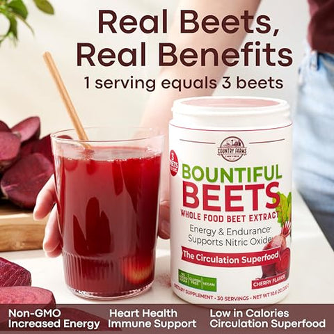 Bountiful Beets: Extrato de Beterraba Integral, Superfood para Apoiar a Circulação Saudável e Promover Energia, Estimulante de Óxido Nítrico, Sabor de Cereja, 30 Porções - COUNTRY FARMS