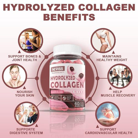 NEVISS - Gomas de Colágeno Hidrolisado 800mg, Sem Açúcar, Multi Peptídeos Tipo I II III V
