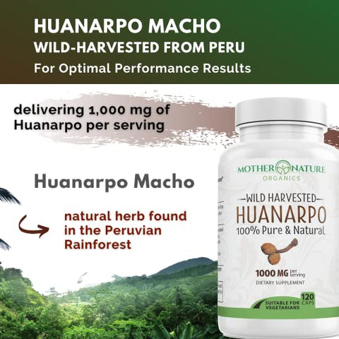 Mother Nature Organics Superfoods for Organic Living - Huanarpo Macho em Cápsulas em Pó – Força Máxima 1000mg (120 Unidades) – Suporte Masculino, Energia