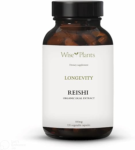 Wise Plants - Suplemento de Cogumelo Reishi. Extrato Duplo, Corpo Frutífero Puro, 30% Polissacarídeos, 500 mg, 120 cápsulas vegetais (Fornecimento de 120 dias). Suporte para Função Imunológica e Hepática Saudável