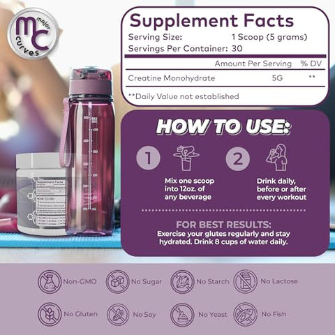 Major Curves - Pó de Creatina para Construção de Glúteos Femininos – Monohidrato Micronizado A Solução Única para Máxima Absorção e Ganho – Sem Sabor Pêssego Perfeito para Modelar Glúteos e Bumbum – The One Solution