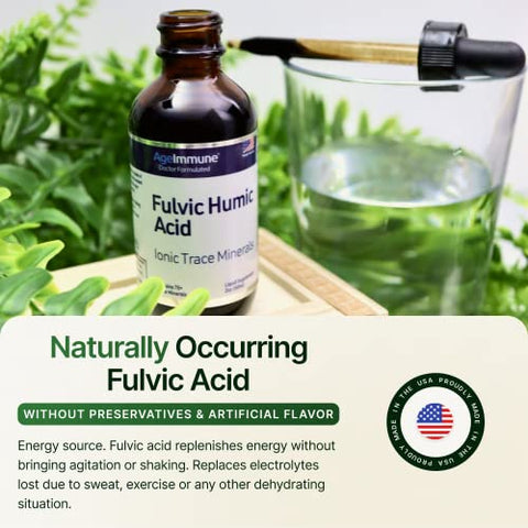 AgeImmune - Fulvic Humic Acid Ionic Trace Minerals with Electrolytes – Suplemento Líquido de Minerais Traços Iônicos Derivados de Plantas. Gotas Minerais com 75 Traços para Energia e Hidratação. Até 8 Meses