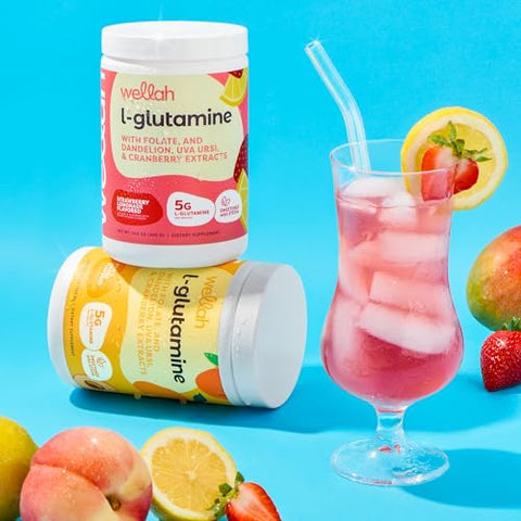 Wellah - L-Glutamina Pêssego Manga (50 Porções) – 5g de L-Glutamina por Porção, Adoçado com Stevia