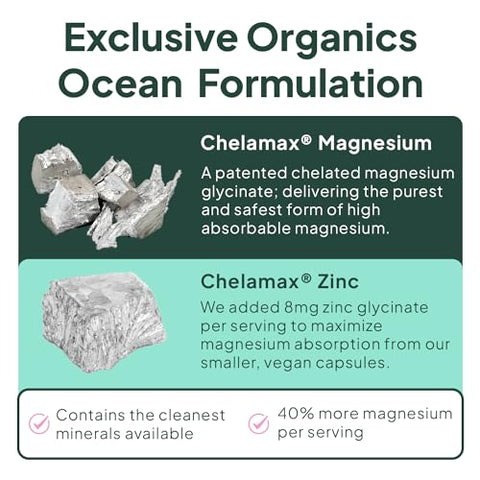 Organics Ocean - Magnésio Glicinato Puro com Zinco – Suplemento de Magnésio Quelato de Força Máxima para Mulheres e Homens para Cãibras Musculares e Suporte ao Sono – 90 Cápsulas