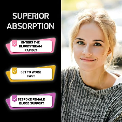 BIOACTIVE LABS - Suplemento de Ferro Vegano para Mulheres com Ácido Fólico – 168% Folate Folic Acid, 194% Sulfato Ferroso Construtor de Sangue em Comprimidos de Ferro para Mulheres com Anemia e Grávidas – 60