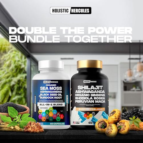 Holistic Hercules - Combo Clássico – Sea Moss 3000mg, Black Seed 2000mg, Ashwagandha 1000mg, Shilajit 5000mg, Panax Ginseng 1500mg, Maca Peruana 2000mg, Pack de Suplementos All in 1