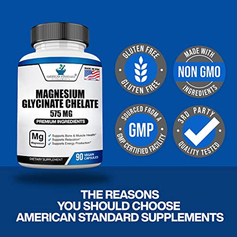 Magnesium Glycinate 575mg por Porção, 90 Cápsulas Vegetais, Suplemento de Magnésio para os Ossos - American Standard Supplements