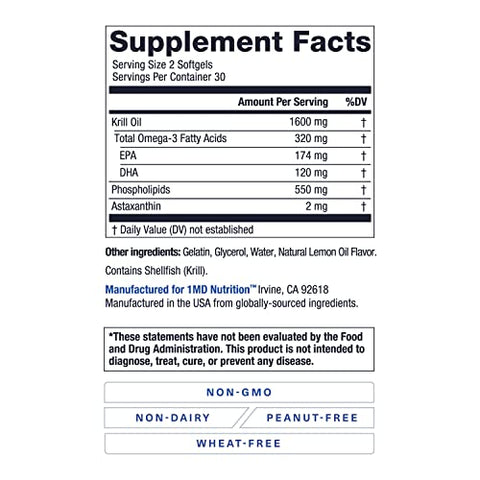 KrillMD – Óleo de Krill Antártico Omega 3 com Astaxantina, EPA, DHA | 2X Mais Eficaz que Óleo de Peixe | 60 Softgels (2-Pack) - 1MD Nutrition