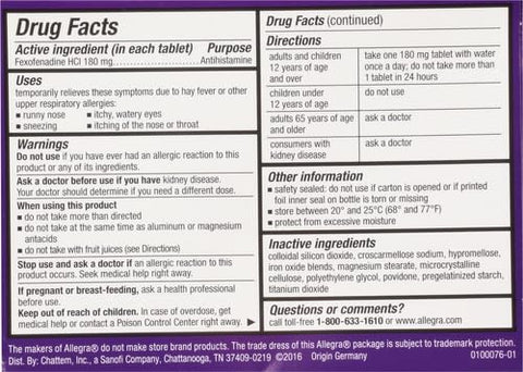 Adulto 24HR Antialérgico Não Sonolento, 45 Comprimidos, Alívio Rápido dos Sintomas de Alergia, 180 mg - Allegra