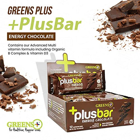 Greens+ - Barras Energéticas Greens Plusbar, Chocolate, Snacks Saudáveis Sem Glúten com Super Verdes Orgânicos, Superfoods | 100g