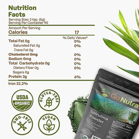 Spirulina em Pó Orgânica | Superfoods Puros Não-OGM para Antioxidantes, Minerais, Ácidos Graxos, Fibra | 100g - Go Nutra