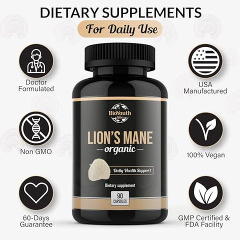 BioYouth - Suplemento Dietético Premium de Extrato de Cogumelo do Leão Orgânico para Suporte Cerebral – 90 Cápsulas