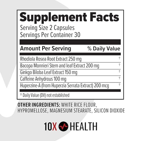 10X Health System - 10X Health Focus – Suplemento Cognitivo para Memória e Concentração com Huperzine-A, Ginkgo Biloba e Rhodiola Rosea – 60 cápsulas