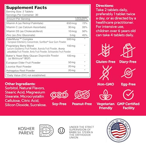 Kids – Suplemento de Suporte Imunológico com Sabugueiro, Zinco e Vitaminas para Crianças com Vitamina C D3 A – Comprimidos Mastigáveis com Sabor de Uva – Kosher Suporte Imunológico Infantil para Crianças - Zahler