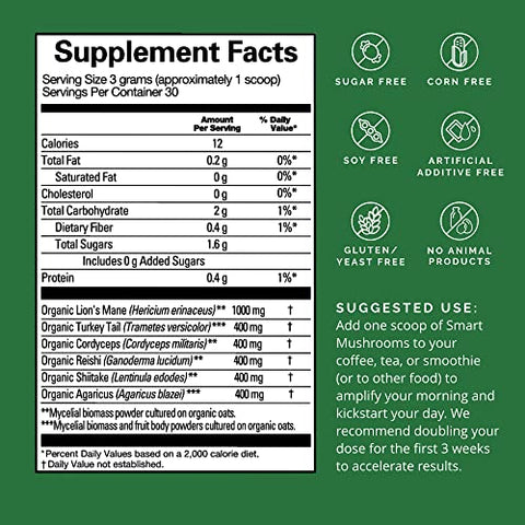 Dr Amen Smart Mushrooms – 90g – Suporte Mental e Imunológico – Vegano, Livre de GMO, Sem Glúten – 30 Porções - BRAINMD