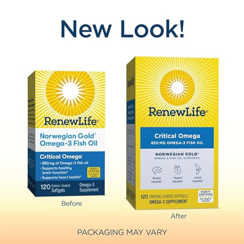 Norwegian Gold Critical Omega Softgels – Suporte Diário para Coração, Cérebro e Articulações – Ômega-3 EPA e DHA – Livre de Laticínios e Glúten – 850 Mg 120 Cápsulas - Renew Life
