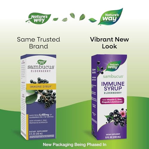 Nature's Way - Nature’s Way Sambucus Elderberry Immune Syrup – Suporte Diário ao Sistema Imunológico, Extrato de Sabugueiro Negro, Vitamina C, Zinco, Equinácea, Própolis, 240 ml (Embalagem Pode Variar)