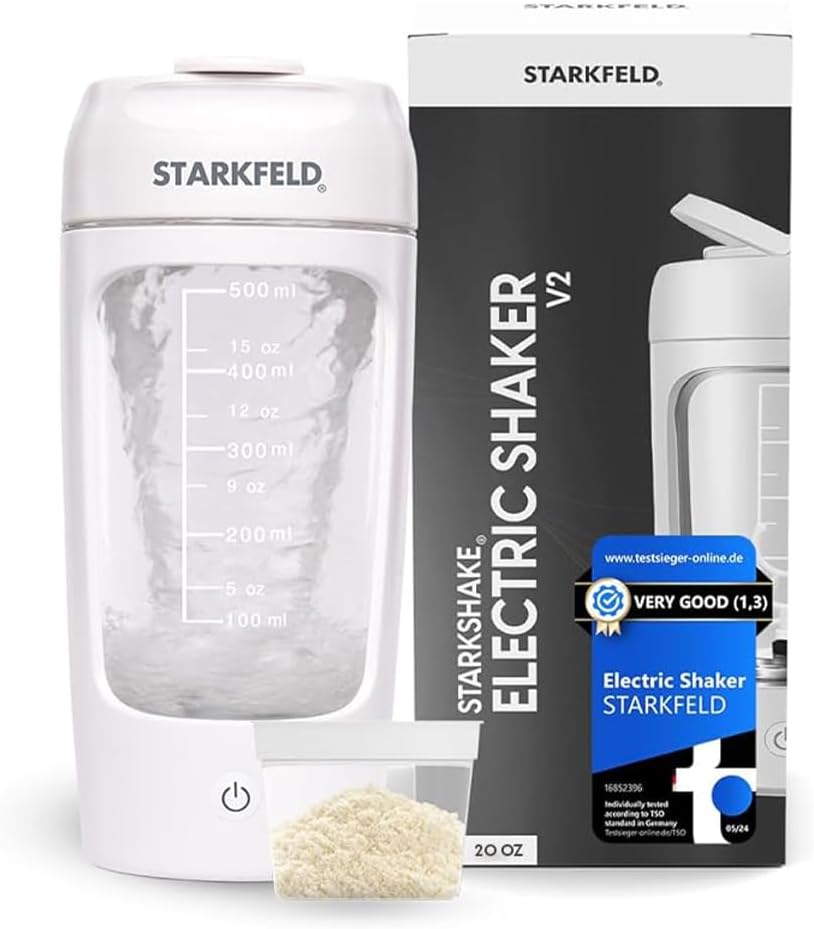 STARKFELD - Garrafa Agitadora de Proteína | 7000 RPM | Misturador de Proteína para Shake Cremoso Perfeito | Inclui Cápsula de Suplemento | Copo Agitador de Tritan Livre de BPA | Garrafa de Liquidificador Recarregável USB-C | 600 ml
