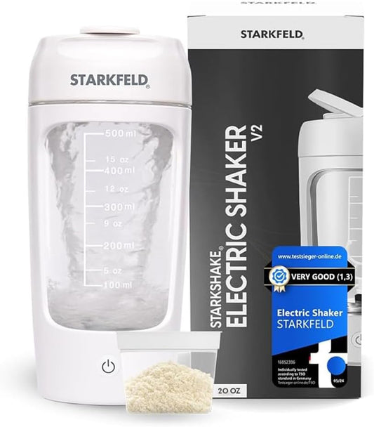 STARKFELD - Garrafa Agitadora de Proteína | 7000 RPM | Misturador de Proteína para Shake Cremoso Perfeito | Inclui Cápsula de Suplemento | Copo Agitador de Tritan Livre de BPA | Garrafa de Liquidificador Recarregável USB-C | 600 ml
