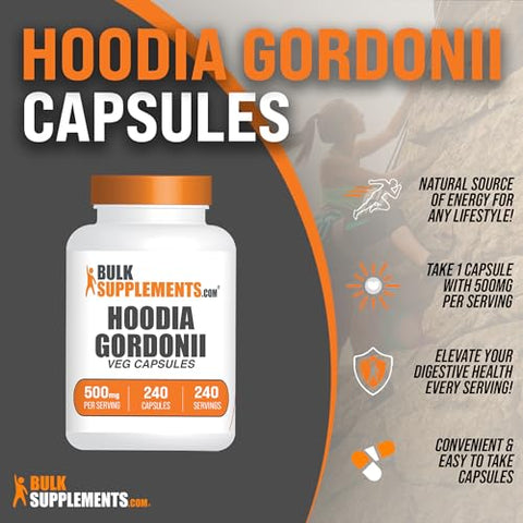 com Cápsulas de Hoodia – Extrato de Hoodia Gordonii, Cápsulas de Extrato de Hoodia – Suplemento Herbal, Sem Glúten, 1 Cápsula por Porção, 240 Cápsulas Vegetais (Embalagem de 1) - BulkSupplements