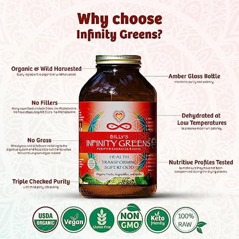 Infinity Greens - Pó Superfood | Suco Verde à Base de Alga Azul Verde com 28 Superfoods Orgânicos | Sem Preenchedores ou Gramíneas | Energia
