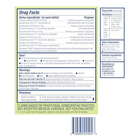 NauseaCalm Alívio para Enjoo, Má Digestão e Vômitos Causados por Gastroenterite, Excesso de Comida ou Enjoo de Movimento – Não Sonolento – 60 Comprimidos - Boiron