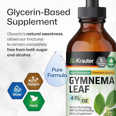BIO KRAUTER - Extrato de Gymnema Sylvestre em Gotas – Tintura de Gymnema – Livre de Álcool e Açúcar – Vegano – Extrato de Folha de Gymnema 118 ml
