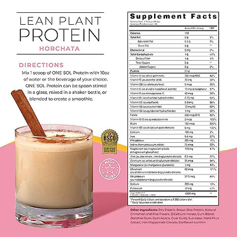 Lean Horchata: Proteína em Pó Vegetal, Baixo Carboidrato, Sem Glúten, Sem Lactose, Sem Açúcar Adicionado, Livre de Soja, Não-OGM, 100% à Base de Plantas - One Sol