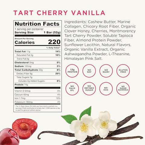 Barra de Proteína de Colágeno Marinho de Cereja Tart Cherry Vanilla Wellcome com Ashwagandha e L-Theanine – Snack Adaptogênico – Barra Saudável Livre de Laticínios para um Estilo de Vida Ativo Funcional (Pacote de…)