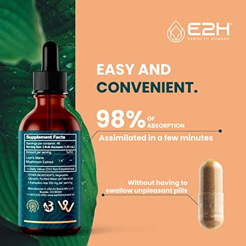 E2H EARTH TO HUMANS - Lions Mane Líquido – Suplemento de Cogumelo do Leão – Promove Clareza Mental, Memória – 30ml