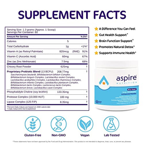 Aspire Nutrition - Bio-Heal® Probiótico 5 em 1 para Crianças e Homens – 30g