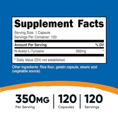 N-Acetyl L-Tyrosine (NALT) 350mg – 120 Cápsulas (3 Frascos) – Livre de Glúten, Não-OGM - Nutricost
