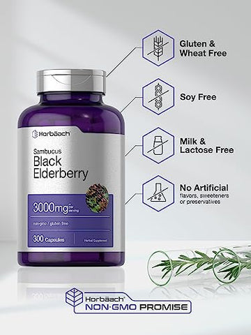 Black Elderberry | 3000mg Cápsulas | 300 Unidades | Sem GMO, Sem Glúten | Suplemento de Sambucus - Horbäach