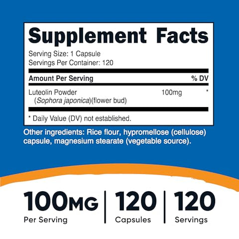 Luteolin 100mg 120 Cápsulas – Amigável para vegetarianos, Não-OGM, Livre de Glúten | Nutricost Luteolin 100mg – Cápsulas Vegetarianas, Sem Glúten, Não-OGM - Nutricost