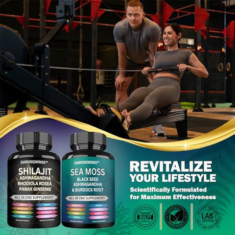 Darkingwings - Combo Shilajit e sea moss – Sea Moss 3000mg, Black Seed Oil 2000mg, Ashwagandha 2000mg, Shilajit 9000mg, Rhodiola Rosea 1000mg, Panax Ginseng 1500mg | sea moss e shilajit